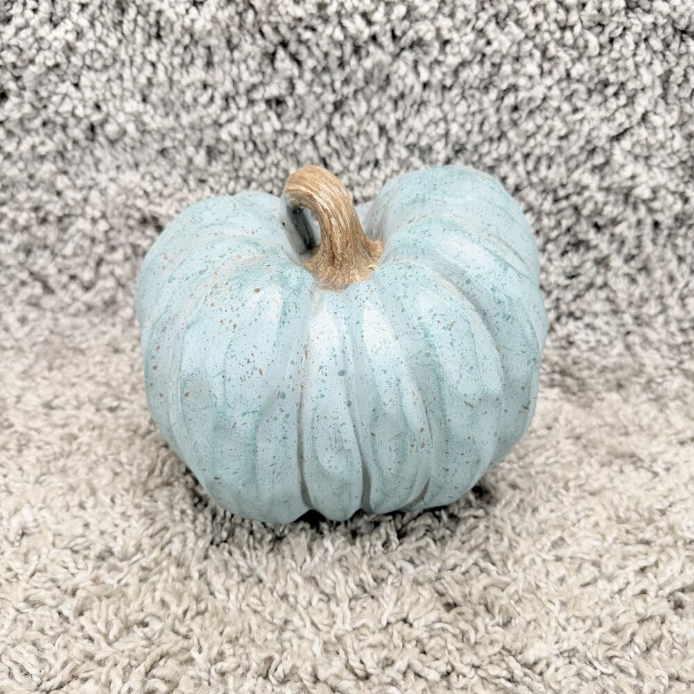 Blue Teal Decorative Pumpkin Gold Stem Rustic Farmhouse Fall Autumn Decor